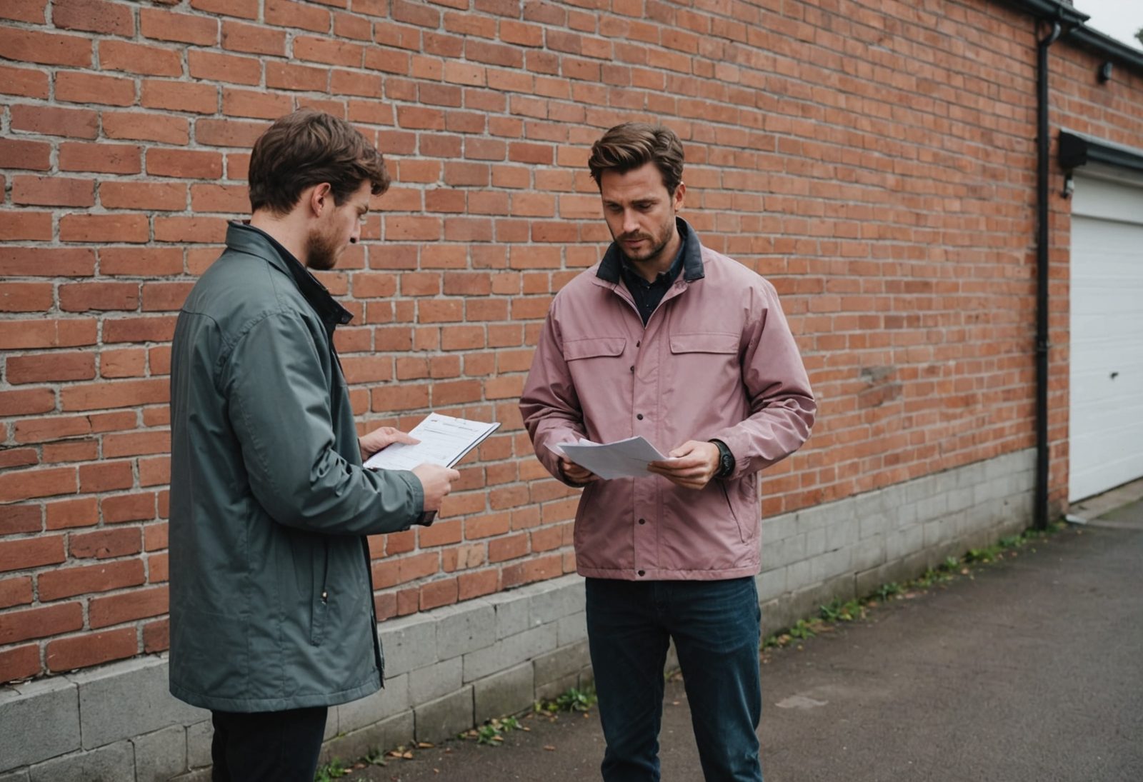 Two men in work jackets read printed sheets beside a brick wall on a driveway